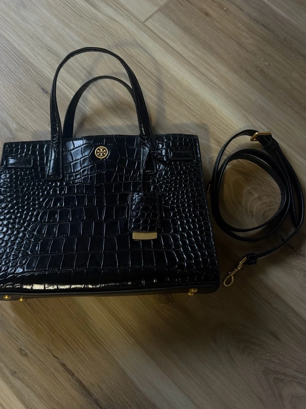 Tory Burch Black Croc-Embossed Satchel with Gold Hardware